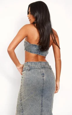 Tall Vintage Wash Denim Buckle Detail Bandeau Top