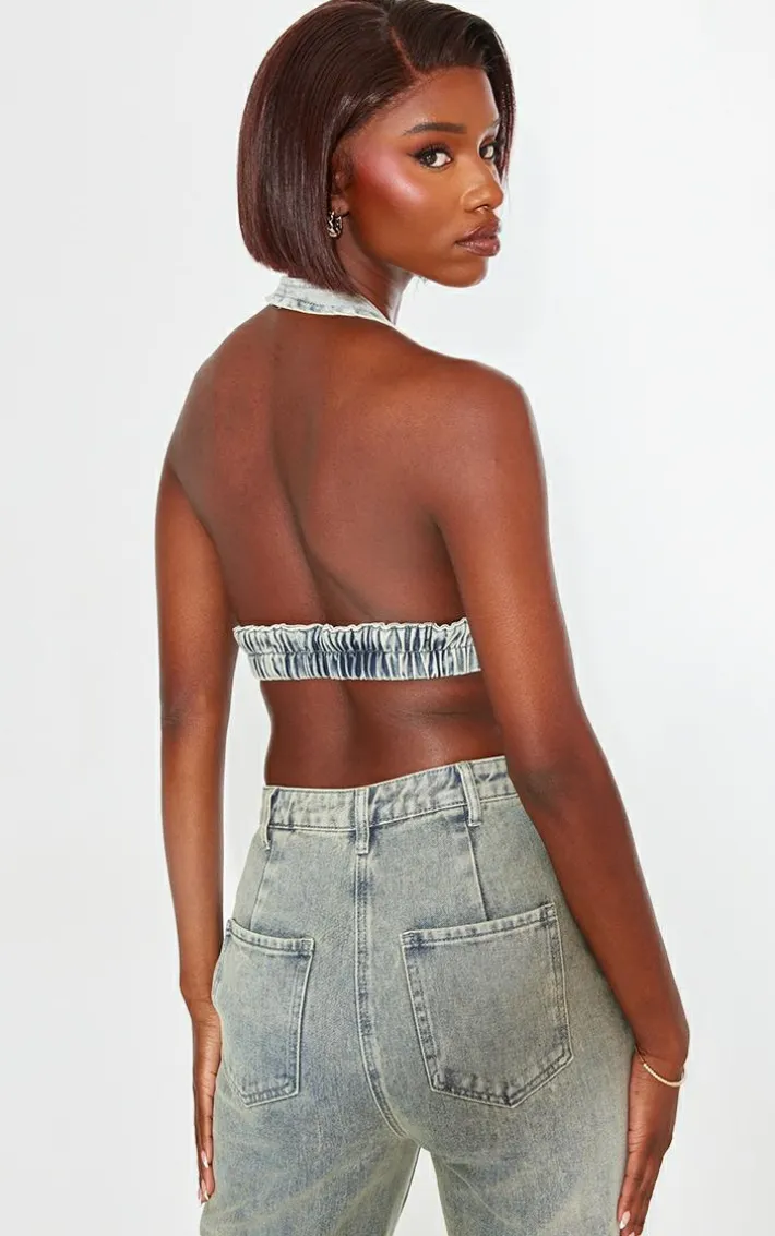 Tall Vintage Wash Denim Halterneck Bralette Top