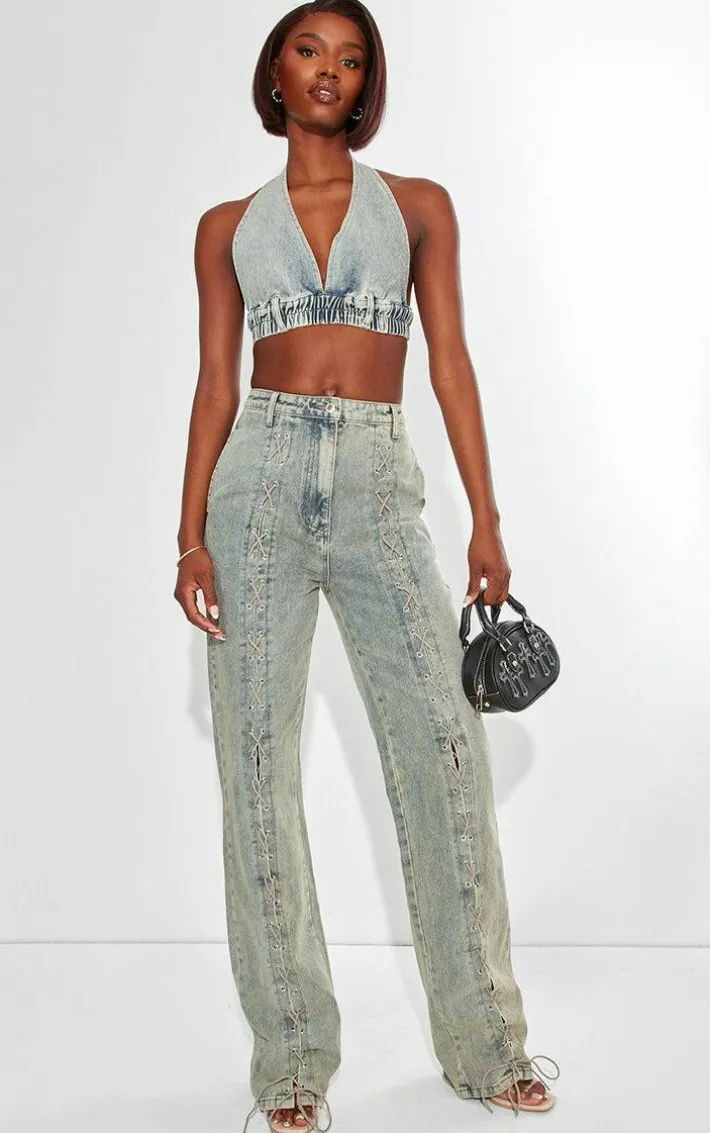 Tall Vintage Wash Denim Halterneck Bralette Top