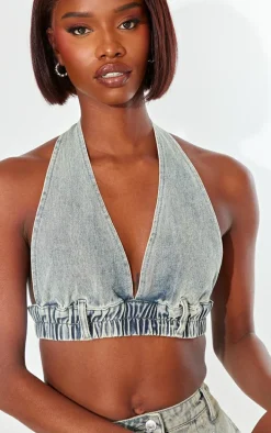 Tall Vintage Wash Denim Halterneck Bralette Top