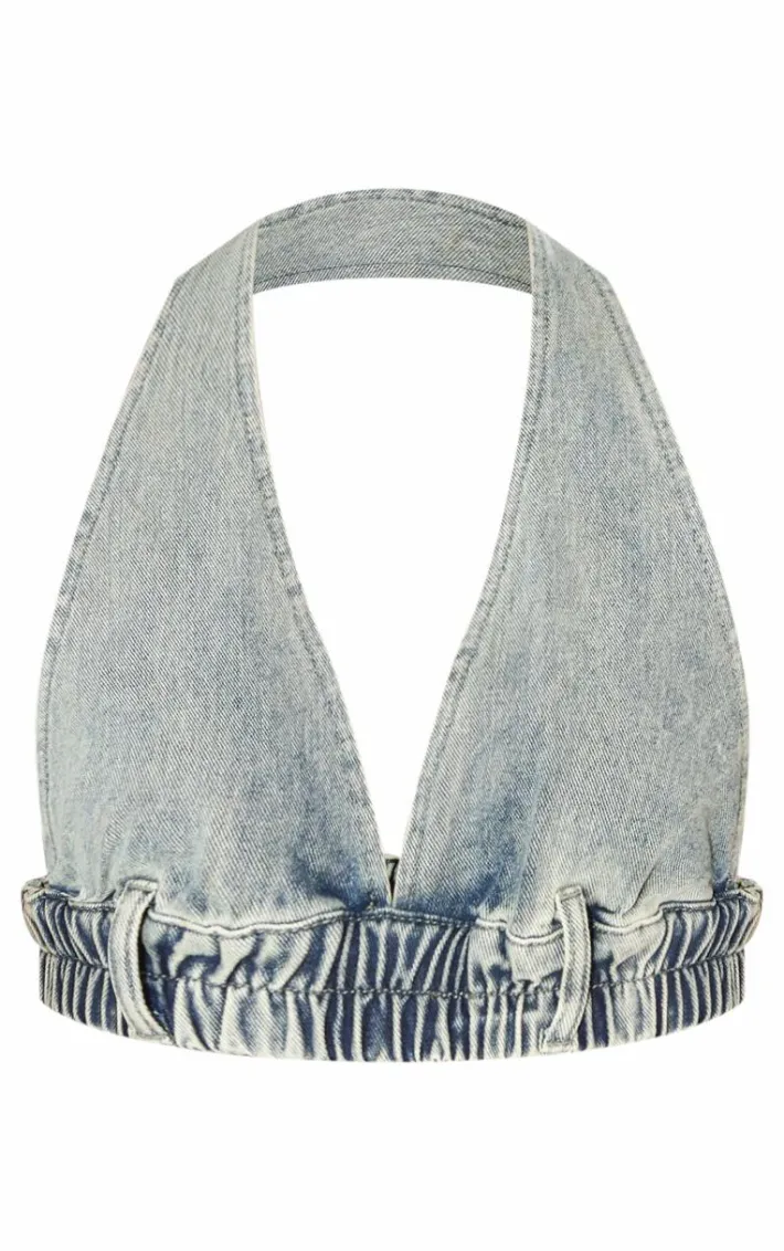 Tall Vintage Wash Denim Halterneck Bralette Top