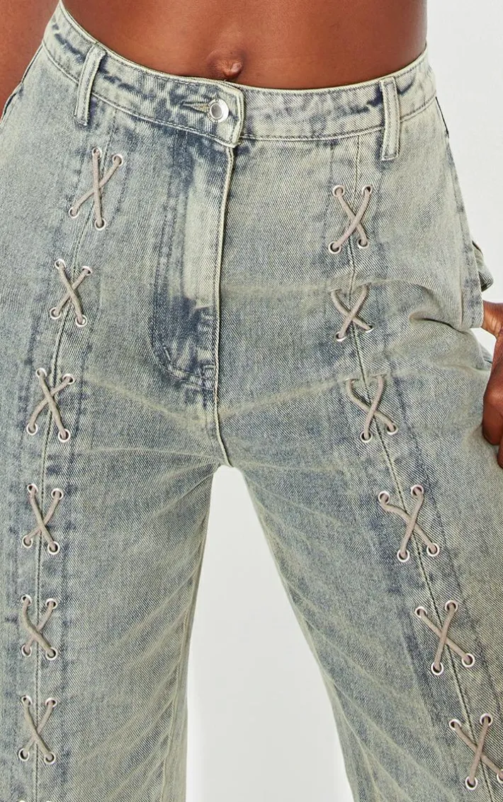 Tall Vintage Wash Lace Up Detail High Waist Straight Leg Jeans