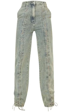 Tall Vintage Wash Lace Up Detail High Waist Straight Leg Jeans
