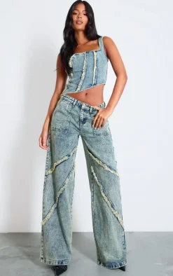 Tall Vintage Wash Raw Seam Detail Asymmetric Denim Corset
