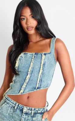 Tall Vintage Wash Raw Seam Detail Asymmetric Denim Corset