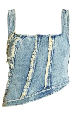 Tall Vintage Wash Raw Seam Detail Asymmetric Denim Corset
