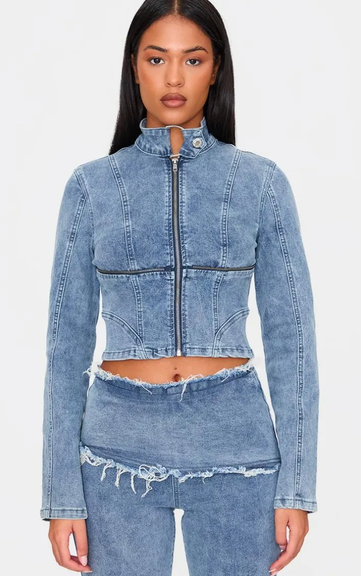 Tall Vintage Wash Zip Long Sleeve Denim Jacket