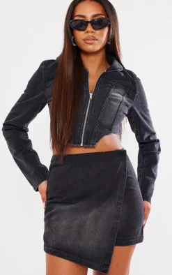 Tall Washed Black Denim Asymmetrical Mini Skirt