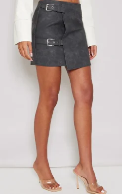 Tall Washed Black Faux Leather Buckle Detail Mini Skirt