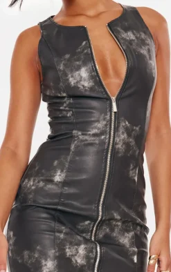 Tall Washed Black Faux Leather Zip Up Mini Dress