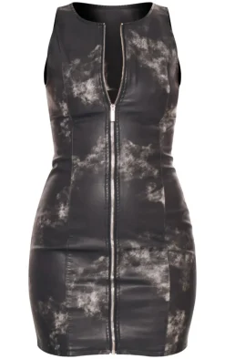 Tall Washed Black Faux Leather Zip Up Mini Dress
