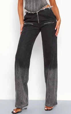 Tall Washed Black Frayed Waist Low Rise Wide Leg Jeans