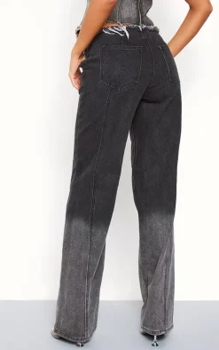 Tall Washed Black Frayed Waist Low Rise Wide Leg Jeans