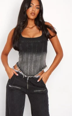 Tall Washed Black Frayed Waist Low Rise Wide Leg Jeans