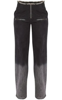 Tall Washed Black Frayed Waist Low Rise Wide Leg Jeans