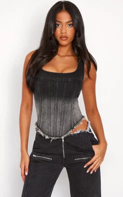 Tall Washed Black Frayed Hem Denim Corset Top