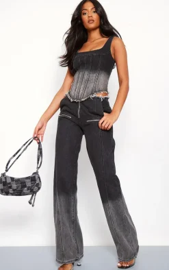 Tall Washed Black Frayed Hem Denim Corset Top