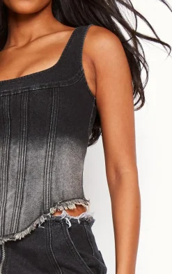 Tall Washed Black Frayed Hem Denim Corset Top