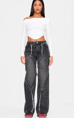 Tall Washed Black Mid Rise Raw Seam Wide Leg Jeans