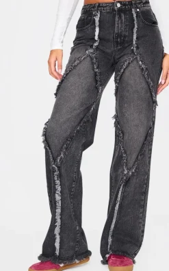 Tall Washed Black Mid Rise Raw Seam Wide Leg Jeans