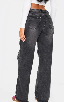 Tall Washed Black Mid Rise Raw Seam Wide Leg Jeans