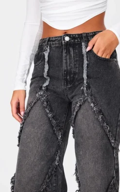 Tall Washed Black Mid Rise Raw Seam Wide Leg Jeans