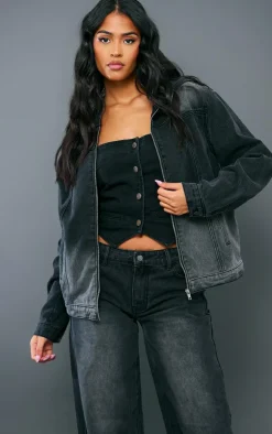 Tall Washed Black Oversized Hooded Zip Up Denim Jacket