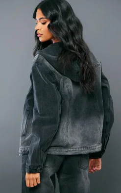 Tall Washed Black Oversized Hooded Zip Up Denim Jacket