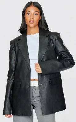 Tall Washed Black Textured Faux Leather Blazer