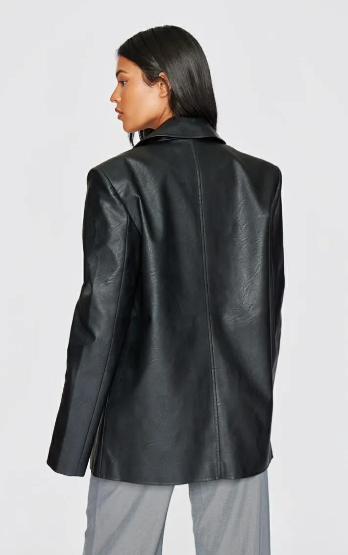 Tall Washed Black Textured Faux Leather Blazer