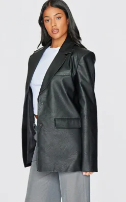 Tall Washed Black Textured Faux Leather Blazer