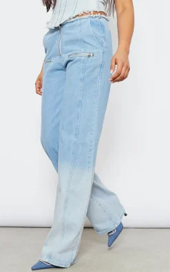 Tall Washed Blue Frayed Waist Low Rise Wide Leg Jeans