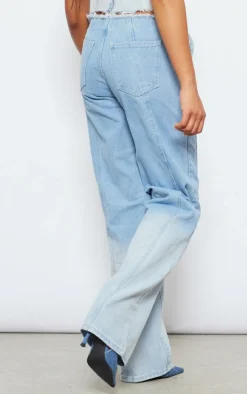 Tall Washed Blue Frayed Waist Low Rise Wide Leg Jeans
