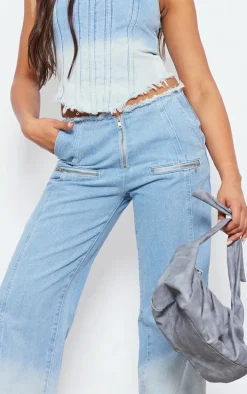 Tall Washed Blue Frayed Waist Low Rise Wide Leg Jeans
