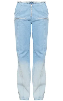 Tall Washed Blue Frayed Waist Low Rise Wide Leg Jeans
