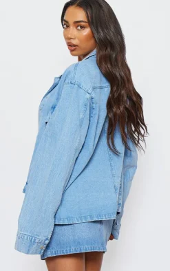 Tall Washed Blue Pocket Detail Oversized Denim Jacket