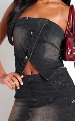 Tall Washed Brown Band Detail Bandeau Denim Crop Top