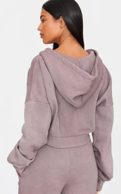Tall Washed Brown Crop Boxy Zip Through Hoodie