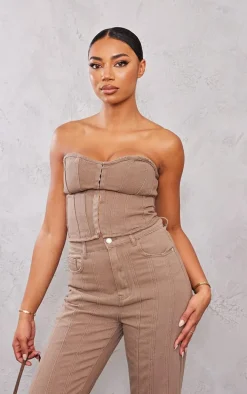Tall Washed Brown Denim Hook And Eye Structured Corset