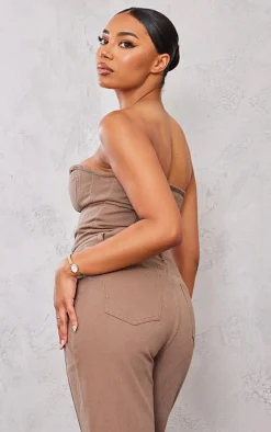 Tall Washed Brown Denim Hook And Eye Structured Corset