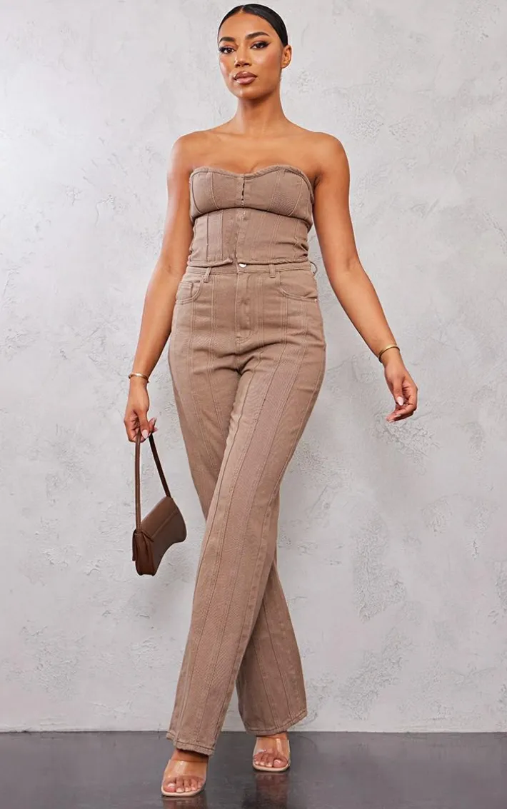 Tall Washed Brown Denim Hook And Eye Structured Corset