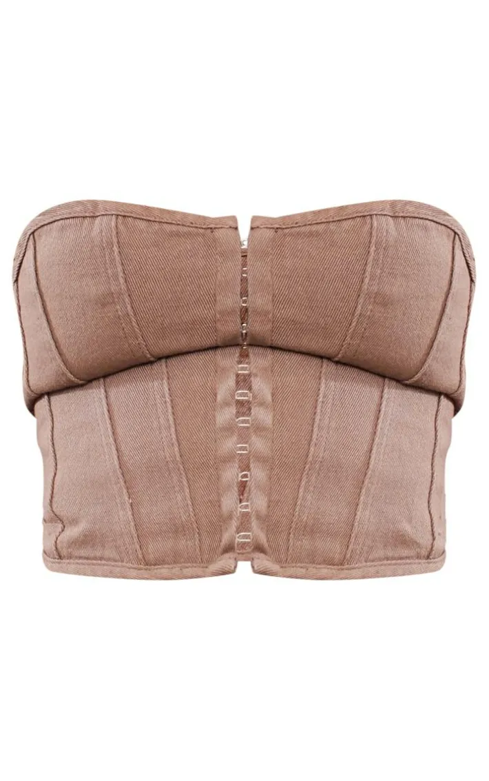 Tall Washed Brown Denim Hook And Eye Structured Corset
