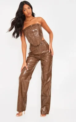 Tall Washed Brown Faux Leather Corset Top