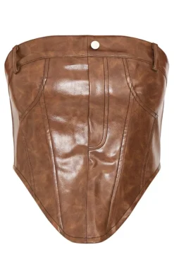Tall Washed Brown Faux Leather Corset Top