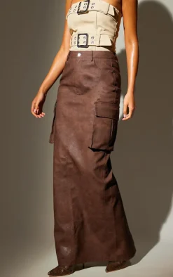 Tall Washed Brown Faux Leather Pocket Detail Maxi Skirt