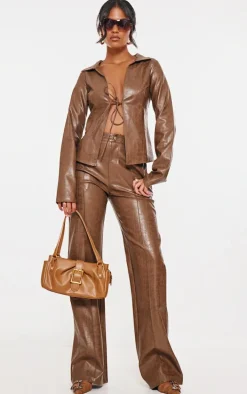 Tall Washed Brown Faux Leather Tie Front Long Sleeve Top