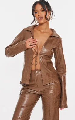 Tall Washed Brown Faux Leather Tie Front Long Sleeve Top