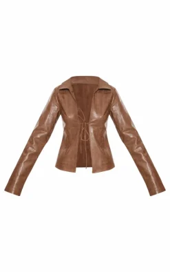 Tall Washed Brown Faux Leather Tie Front Long Sleeve Top