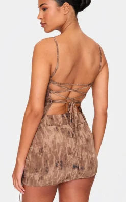 Tall Washed Brown Lace Up Side Open Back Strappy Top
