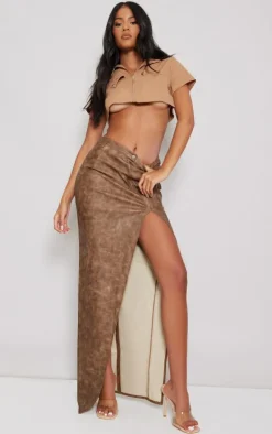 Tall Washed Brown Pu Buckle Detail Split Maxi Skirt